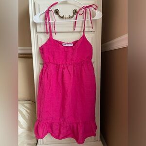 Zara Hot Pink Linen Ruffle Bow Shoulder Dress